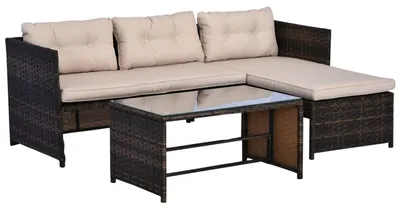 Immagine prodotto di Set da salotto - Panca da giardino ad angolo - Arredo da esterno per relax - Set per balcone - Beige - Divano ad angolo per 4 persone con chaise longue