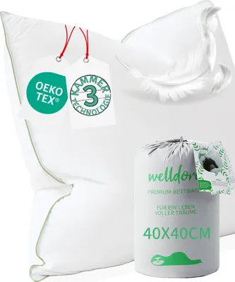 Produktbild von Welldora Premium Kopfkissen 40x40 - 100% natürliche Daunenfasern & Federn - Ergonomisch optimiert 3 Kammern Nackenstützkissen - Mittelfestes Kissen