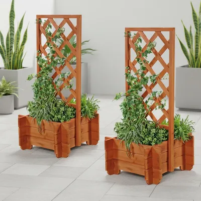 Produktbild von Mucola Pflanzkübel mit Rankgitter Pflanzkasten mit Spalier Rankhilfe Blumenkübel Holz Rankgestell Pergola Garten Kletterhilfe - Braun2er Set