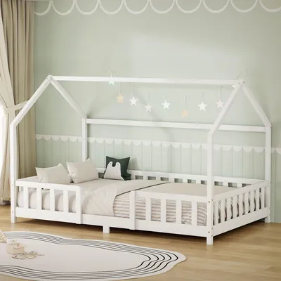 Produktbild von ML-Design Kinderbett 120x200cm mit Rausfallschutz, Dach & Lattenrost Weiß Montessori Bodenbett aus massivem Kiefernholz Hausbett für Mädchen & Jungen