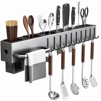 Produktbild von Küchenregal Gewürzregal Küchenorganizer Küchenutensilien Halter Messerhalter mit 10 Haken Wandregal Küche YaLiva_Decor®