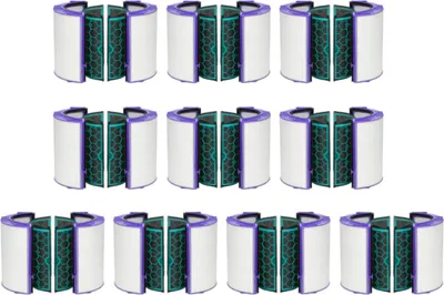 A top-down view of multiple air purifier filters arranged in rows.