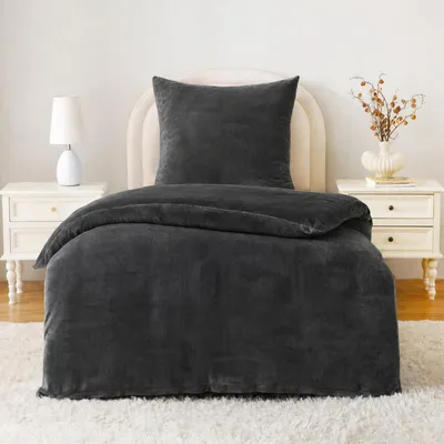 Obrázok produktu pre Zimná posteľná súprava z flanelu, 135x200 cm, čierna, 1 obliečka na vankúš 80x80 cm, mikrovláknový flanel, 280 GSM, so zipsom