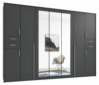 Produktbild von Drehtürenschrank Kleiderschrank 313cm Schubkästen Passepartout Spiegel in Grafit / 22583
