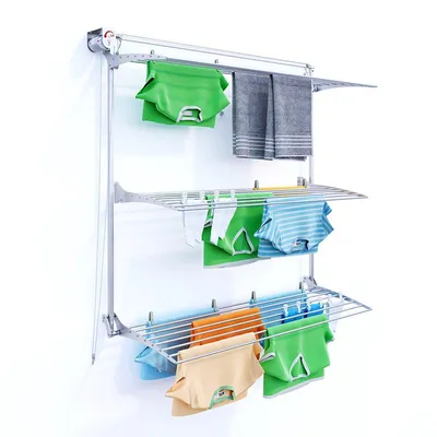 A vertical wall-mounted clothes drying rack with multiple tiers, holding various items of clothing.