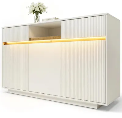 Zdjęcie produktu dla Komoda – szafka do przechowywania – 140 x 40 x 85 cm – oświetlenie LED – 2 szuflady – 3 drzwiczki – regulowane półki – biały kolor