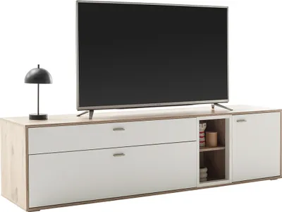 Produktbild von Wohnzimmer-Lowboard mit 199 cm Breite in Eiche und weiß, mit 2 Schubladen, 1 Tür und 2 offenen Fächern - SAGUNTO-05