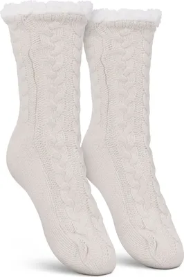 Produktbild von Haussocken (Weiß / 1 Paar) Damen mit Teddyfutter - Hüttensocken mit Anti-Rutsch-Sohle - ABS Norweger Socken Zopfmuster - Kuschelsocken Einheitsgröße Stopper