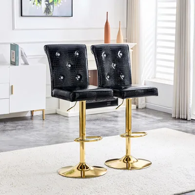 Produktbild von Ein Satz von 2 schwarzen Vintage Krokodil Leder Lift Bar Stühle, mit Kristallverschluss Design und synthetisches Leder Design, fügen einen Hauch von Eleganz und Geheimnis zum Essbereich