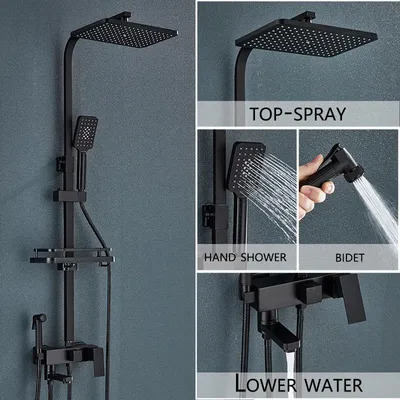 Obrázek produktu pro Sada sprchového systému pro montáž na stěnu, vhodná pro vany - 4-cestný systém, směšovací baterie - sprchová hlavice "déšť" (20–40 cm) + ruční sprcha + výtok pro vanu - jednopáková, s regulací teplé/studené vody - černá, materiál ABS