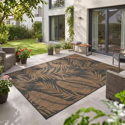 Immagine prodotto di Carpetsale24 Tappeto Outdoor Nero Effetto Juta 200x280 cm Balcone Terrazza Giardino Resistente UV Grande XL Motivo Palma Tessuto piatto