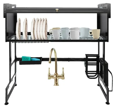 Image de Étagère à vaisselle, en acier inoxydable, 80 x 30 x 85 cm, design à deux niveaux, noire, 6,5 kg