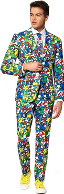 A man wearing a full Super Mario themed suit and tie, standing against a white background.