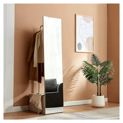 Produktbild von Ganzkörperspiegel Saden Standspiegel 165 x 40 x 51 cm Garderobenspiegel mit Kleiderständer und Staufach in Sandfarbe