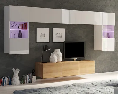 Obrázek produktu pro Nástěnná skříňka Amanda II Nástěnná skříňka se dvěma vitrínami Obývací sestava s TV skříňkou o šířce 150 cm (bílá matná + bílá lesklá čela / zlatý dub)