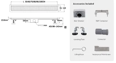 Zdjęcie produktu dla Bc-elec - 08S-70 Odpływ liniowy 70 cm ze stali nierdzewnej, odpływ liniowy ze stali nierdzewnej, regulacja wysokości 98-142 mm