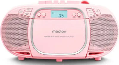 Obrázok produktu pre MEDION E66476 Stereozvukový systém (boombox, CD prehrávač, MP3, kazety, prenosný kazetový prehrávač pre deti, FM rádio, AUX, slúchadlá, sieť a batéria) Ružová