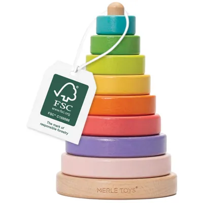 Produktbild von MERLE TOYS® Stapelturm Holz, 100% Öko, Stapelturm 1 Jahr mit 8 Stapelringe Baby, Stapelturm Baby, Montessori Stapelspiel ab 1 Jahr, Steckspiel 1 Jahr