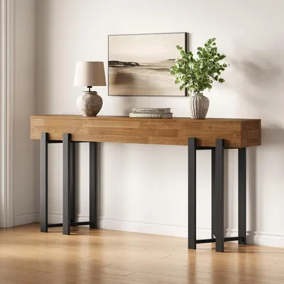 Image de Table console de 160 cm, style rustique, étroite, avec structure métallique, couleur marron rustique