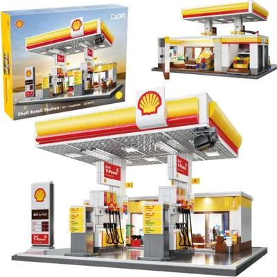 A collage of images showing a Shell gas station building toy set, including the box and assembled models.