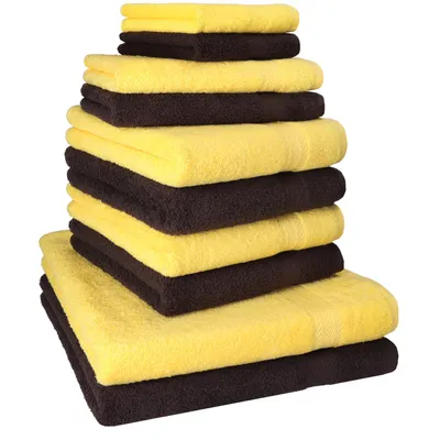 Produktbild von Betz 10-tlg. Handtuch-Set PREMIUM CLASSIC 2 Duschtücher 4 Handtücher 2 Gästetücher 2 Seiftücher Farbe: gelb & dunkelbraun