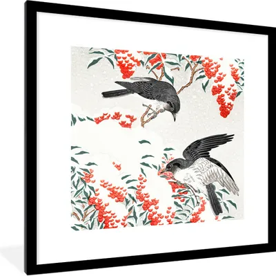 Produktbild von MuchoWow® Gerahmtes Poster Vögel - Beere - Rot - Vintage - Japan 40x40 cm - Poster mit Schwarzem Bilderrahmen Wandposter Rahmen Foto Bilder - Poster - Plakat im Rahmen