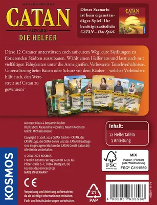 The back of a board game box for the Catan scenario 'Die Helfer'.