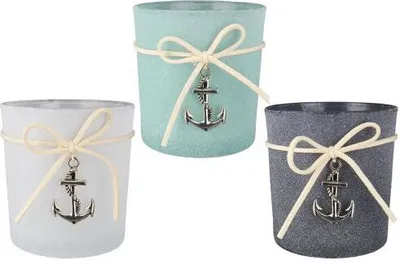 Produktbild von Windlicht "Ancora" blau/türkis/weiß, mit Anker-Anhänger und Schleife, 3er Set, aus Glas, 8 x 7,,5cm, für Teelichte