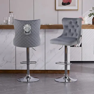 Produktbild von Samt Barhocker 2er Set Höhenverstellbar mit Lehne Dunkelgrau