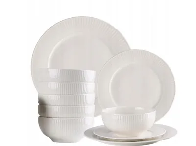 Zdjęcie produktu dla 18-częściowy zestaw porcelanowy – kolekcja Harmony – kolor kości słoniowej z delikatnym żłobieniem – zestaw naczyń dla 6 osób – można myć w zmywarce i używać w kuchence mikrofalowej