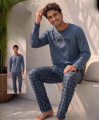 Produktbild von Herren Pyjama Schlafanzug Blau XXL Lang 2-Teiler Set Baumwolle M-95