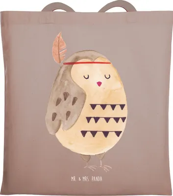 Produktbild von Mr. & Mrs. Panda Schultasche Eule Federschmuck - Braun Pastell - Geschenk, Tote Bag, Jutebeutel, Owl, Entspannt, Abenteuer, Waldtiere, Laptoptasche, Tasche