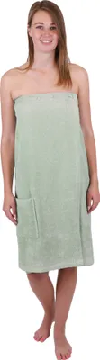 Produktbild von Betz Saunakilt Berlin – Frottee Saunakilt für Damen 100% Baumwolle, 420 g/m² – verstellbar mit Knöpfen & Gummizug – Saunahandtuch mit Tasche - Jade