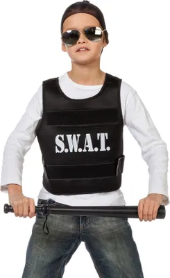 A child wearing a SWAT vest and sunglasses, holding a baton.