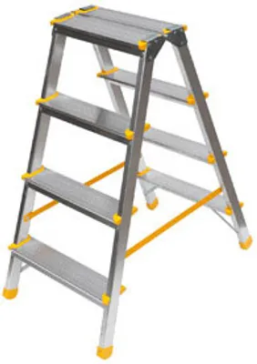 A four-step aluminum stepladder with yellow accents.