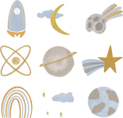 Produktbild von Wandaufkleber Kinderzimmer – Wandsticker für Baby & Kinder – Selbstklebende Wanddekoration – Abnehmbar ohne Rückstände – Deko für Mädchen & Jungen - Blauer Weltraumstil mit Planeten und Rakete80x134 cm