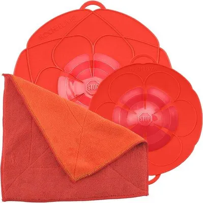 Imagen del producto de Conjunto de protectores para ollas y sartenes Unyqoos®: tapa de silicona roja, incluye "Kochblume" tamaño S (diámetro 14–18 cm), "Kochblume" tamaño L (diámetro 14–24 cm) + paño de microfibra absorbente (300 ml)