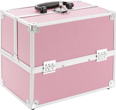 Produktbild von Kozmetický kufrík AREBOS, kufrík na make-up, 15 l, 5 priehradiek, hliník, vrátane zámku a kľúča, zamatová vložka, 32 x 27 x 22 cm, ružová