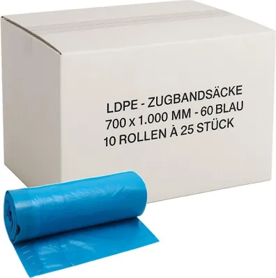 Produktbild von ARLI Set: 250x Zugbandsack 120L LDPE Müllsack 700 x 1000 mm blau Typ 60 mit Zugbandverschluss