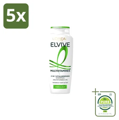 Imagen del producto de 5 unidades de champú L'Oréal Paris Elvive Multivitamines 2 en 1, 250 ml. Pack grande