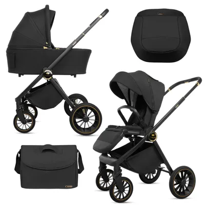 Obrázek produktu pro BabyLux® Kombinovaný kočárek 2v1 ROSSO, Černá, Sada Kocárku, Přenosná Postýlka a Korbička, Sportovní Sedadlo s Příslušenstvím, Lehký a Kompaktní