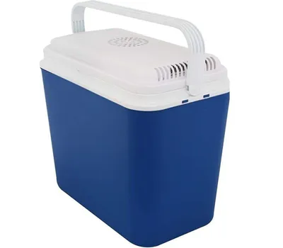 A blue and white mini cooler box with a white handle is shown against a white background.