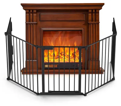 Imagen del producto de QEENTOE, rejilla de protección para chimenea de metal con puerta, 5 elementos plegables, protección para estufa, valla de seguridad, 300x75x60 cm, color negro