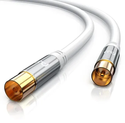 Productafbeelding van Primewire antennekabel, 3 meter, met 4-voudige afscherming, IEC-connector naar IEC-aansluiting, 75 Ohm en 135 dB, zuurstofvrije koperen geleider, vergulde contacten, geschikt voor kabeltelevisie, wit