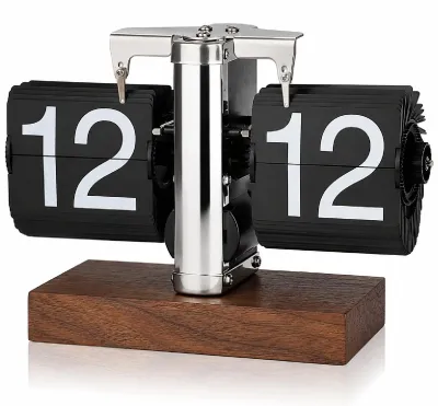 Retro Flip-Tischuhr, Edelstahl, Holzsockel, mechanisch, 24h