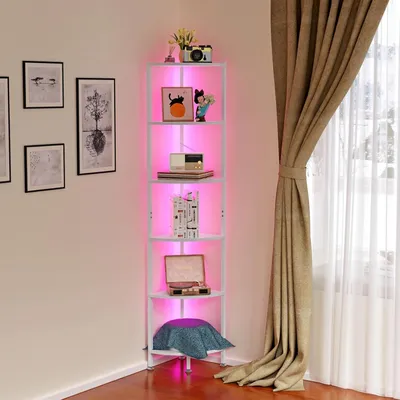 Produktbild von Bücherregal mit LED Beleuchtung,6 Ebenen Eckregal Standregal Lagerregal Aufbewahrungsregal für Küche,Bad,Wohnzimmer,Büro 43x30x172cm Weiß