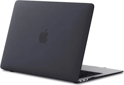 The back of a closed dark gray MacBook Air laptop with the Apple logo visible.