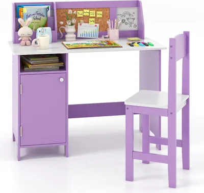 Produktbild von GOPLUS Kinderschreibtisch mit Stuhl, Schülerschreibtisch Set Holz mit Bücherregal, Schrank & Pinnwand, Schreibtisch für Kinder ab 3 Jahren, Lila