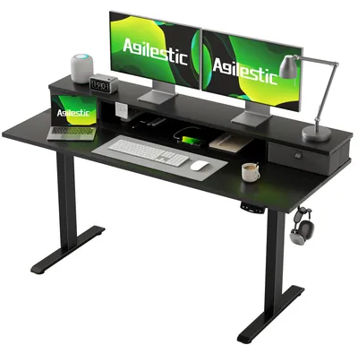 Elektrischer Schreibtisch 140x60 cm, höhenverstellbar, 2 Schubladen, Schwarz