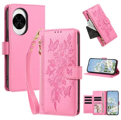 Produktbild von Handyhülle für Huawei Nova 14, Wallet Case Kunstleder mit Kartenfächern, Reißverschluss und Handschlaufe Pink